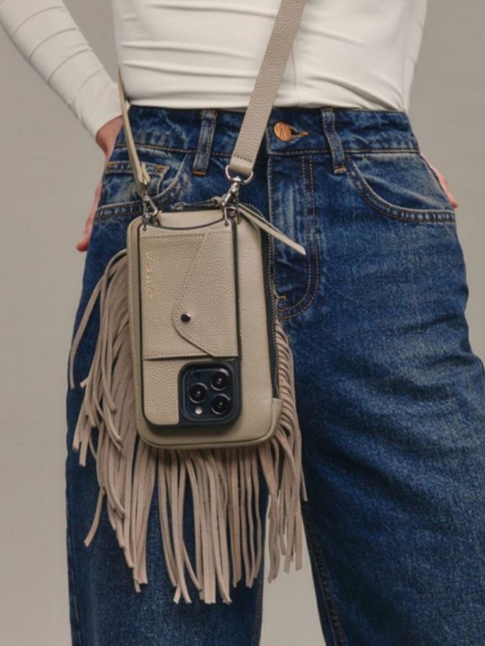 Bandolier Taupe Fringe Crossbody Carrier Bag